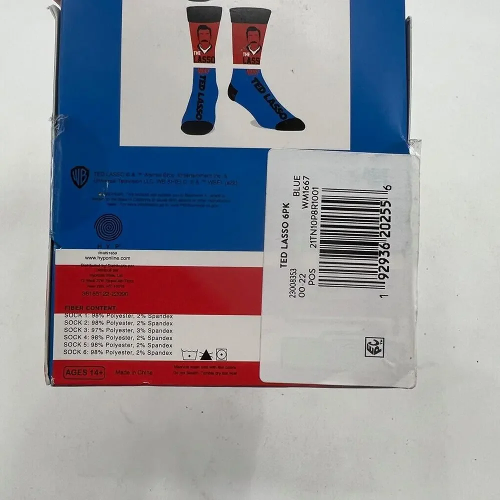 Hyponline Ted Lasso Socks Mens 8-12 Multicolor Casual Crew Stretch 6 Pair Set‎